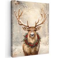LEINWANDBILD Weihnachten - Rentier - Winter - Kranz Wandbild Wohnzimmer 60x80 cm - Naturfarben, Textil (60/80cm) - MuchoWow