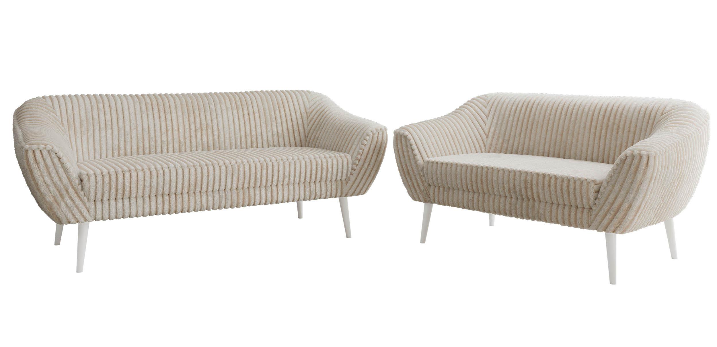 SITZGARNITUR PIRS 3+2 - Beige Cord - Weiße Beine - Beige/Creme, Holzwerkstoff/Textil (180/75/74cm) - MKS