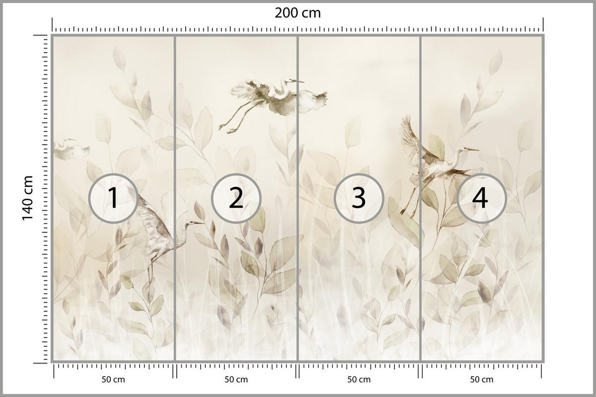 FOTOTAPETE Vögel Blätter Wiese Retro Stil 200x140 - Beige, Papier (200/140cm) - Muralo