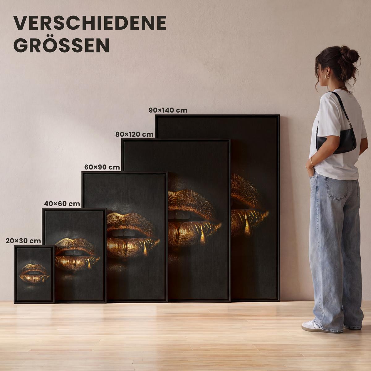 LEINWAND Bilder mit Rahmen - Frau - Porträt - Lippen - Gold - Schwarz - 40x60 - Schwarz, Textil (40/60cm) - MuchoWow