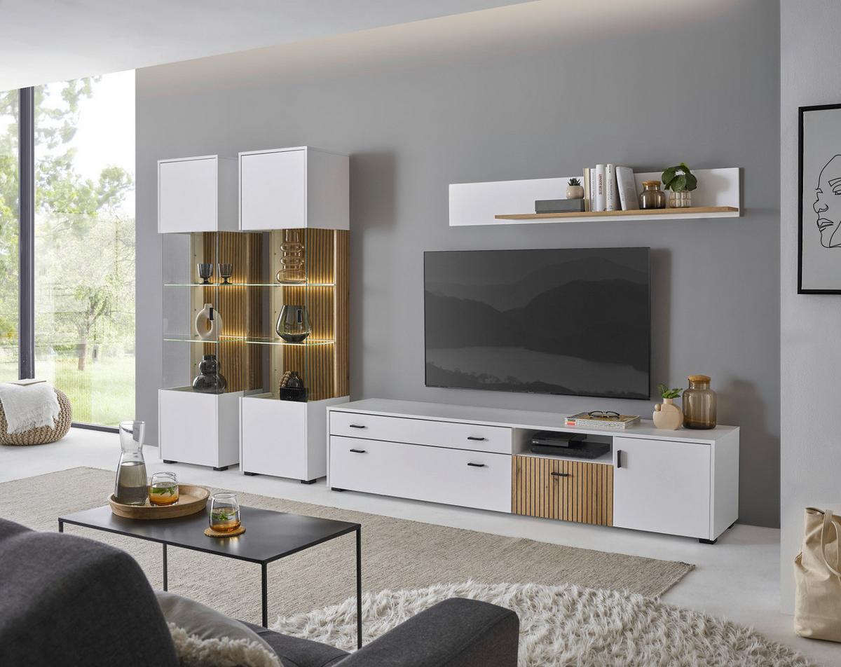 WOHNWAND 4-teilig matt weiß, Eiche 316 x 180 cm, Wohnkombination mit 2 x Vitrine und Soft-Close - Eichefarben/Schwarz, Glas/Holzwerkstoff (316/180/42cm) - Furn.Design