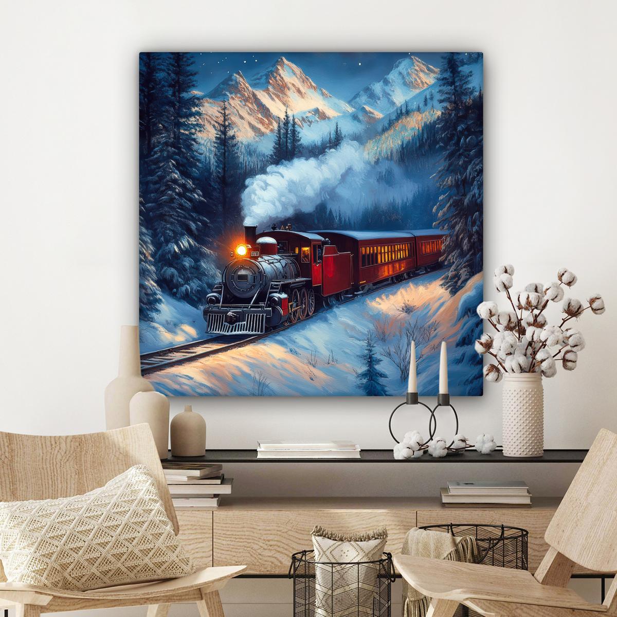 LEINWANDBILD Zug - Weihnachten - Schnee - Weihnachtszug Deko Groß 90x90 cm - Anthrazit, Textil (90/90cm) - MuchoWow