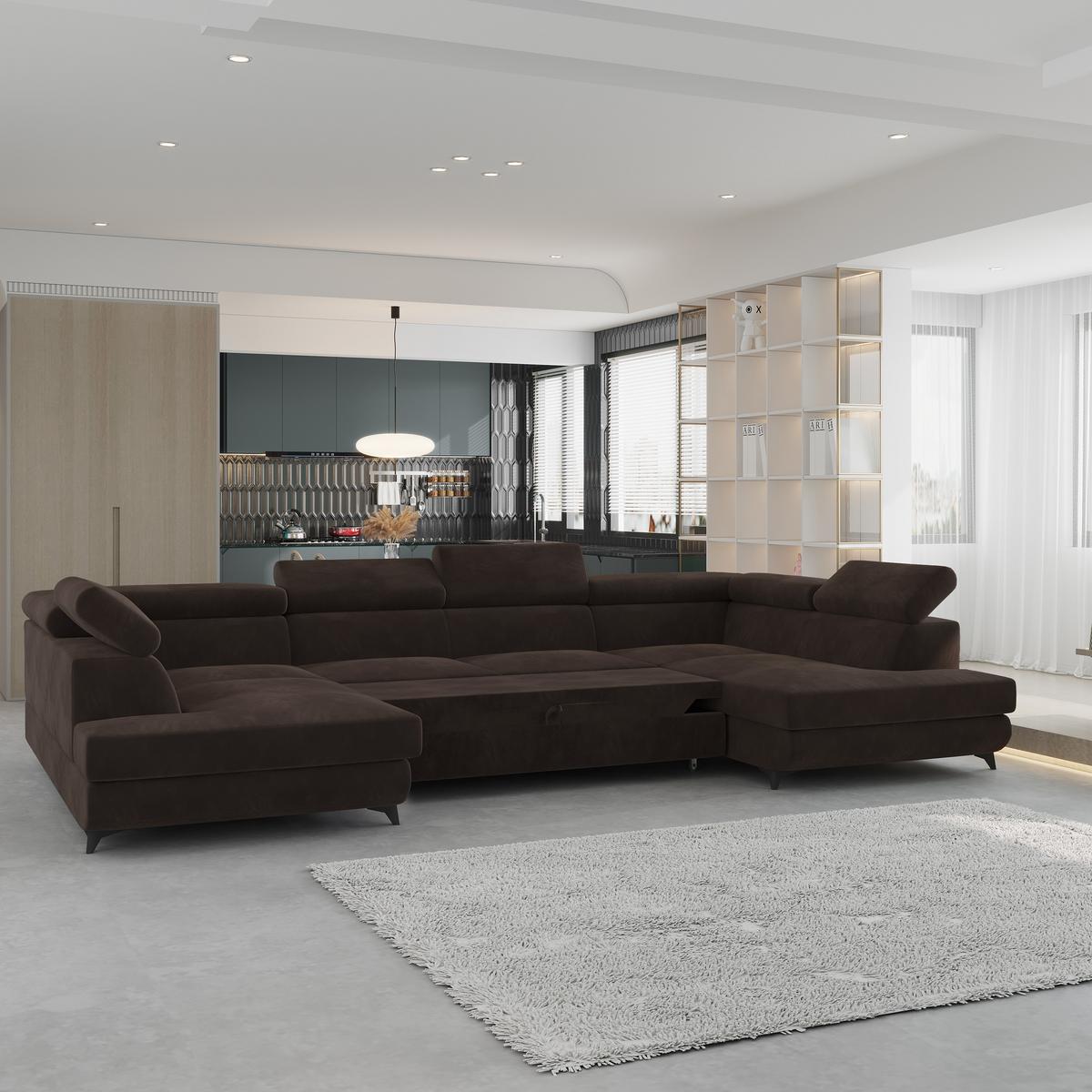 WOHNLANDSCHAFT VINTESSA Braun Velours-Stoff mit Schlaffunktion - Braun, Holz (323/89/190cm) - MASSENO