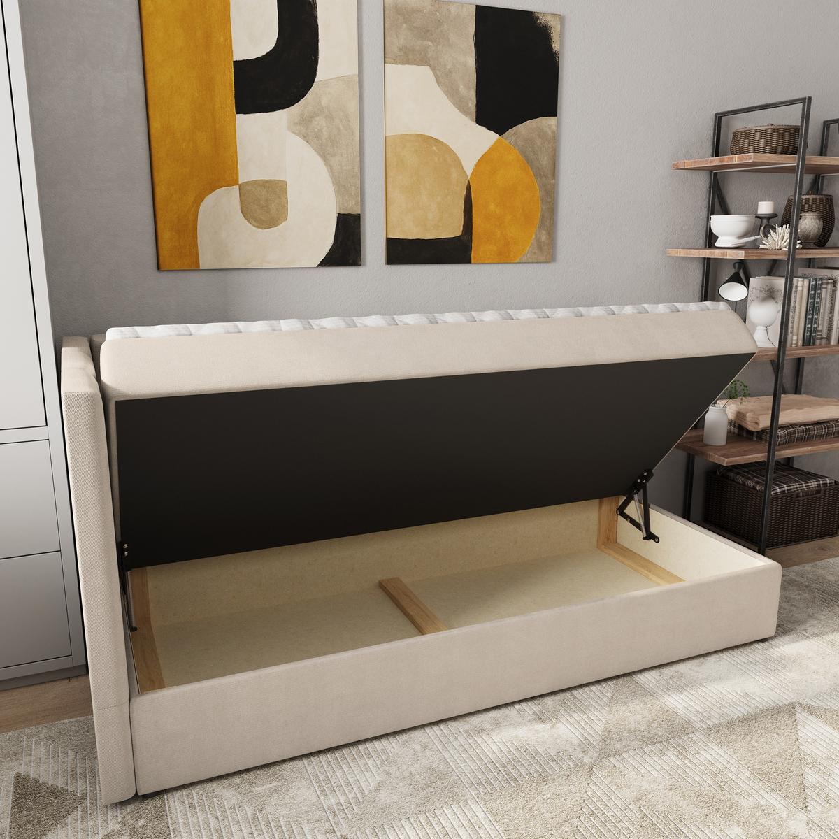 BOXBETT BEVE 90x200 cm mit Matratze und Topper, H2+H3 - Beige - Beige, Holz (90/200cm) - MASSENO