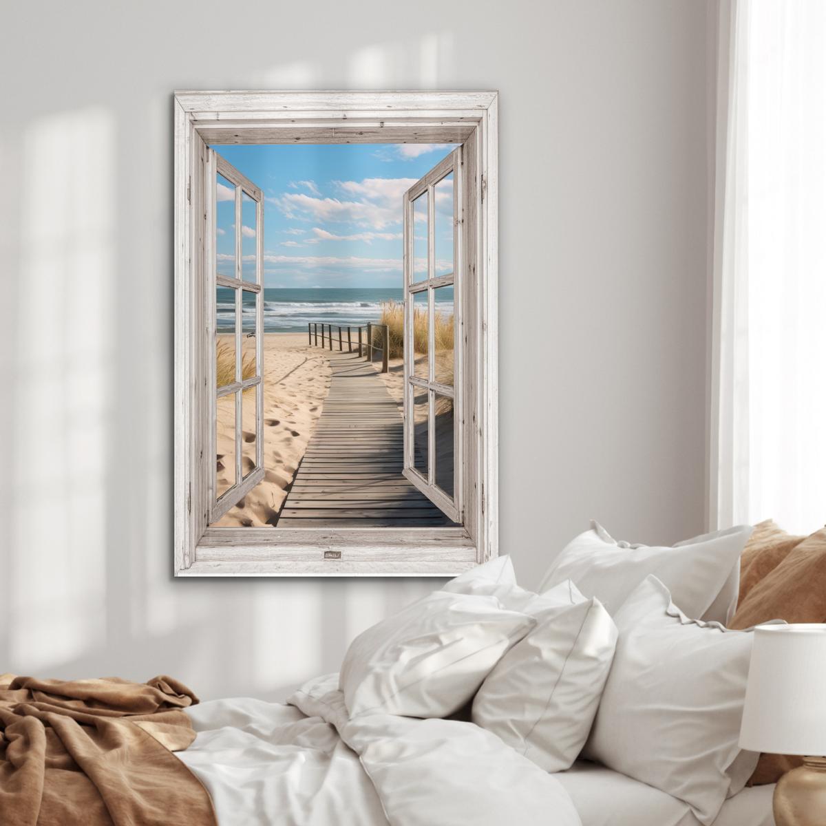 METALLBILD Fenster - Meer - Küste - Natur - Ausblick - Strand - Wattenmeer 80x120 cm - Beige, Metall (80/120cm) - MuchoWow