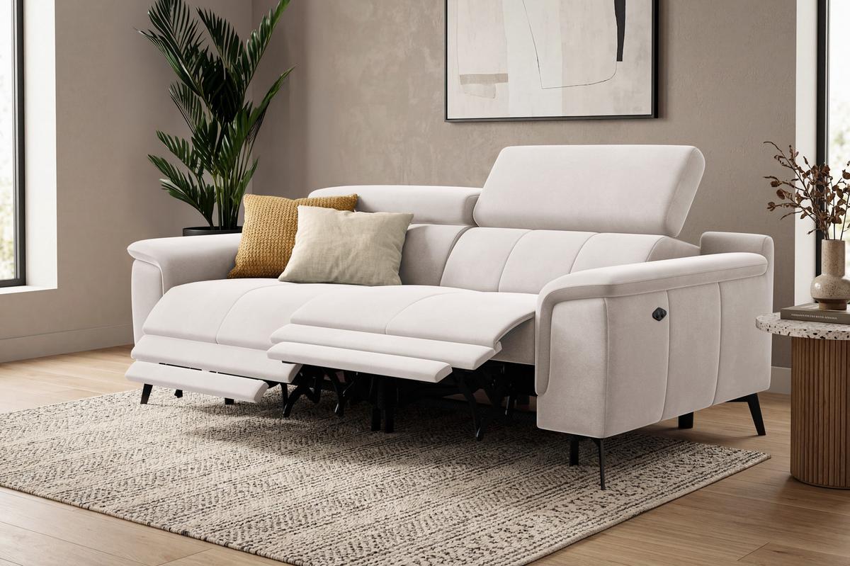 SOFA RELAX FIERO 3-Sitzer, Beiger Veloursstoff - Beige/Schwarz, Holz/Textil (212/82/103cm) - Courtois Laville