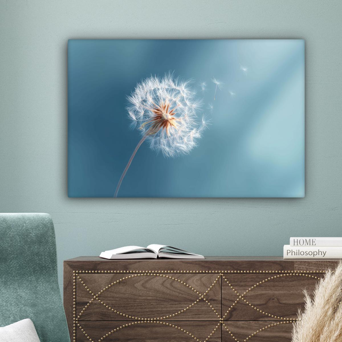 LEINWANDBILD Löwenzahn - Wind - Blau Gemälde 60x40 cm - Blaugrau, Textil (60/40cm) - MuchoWow