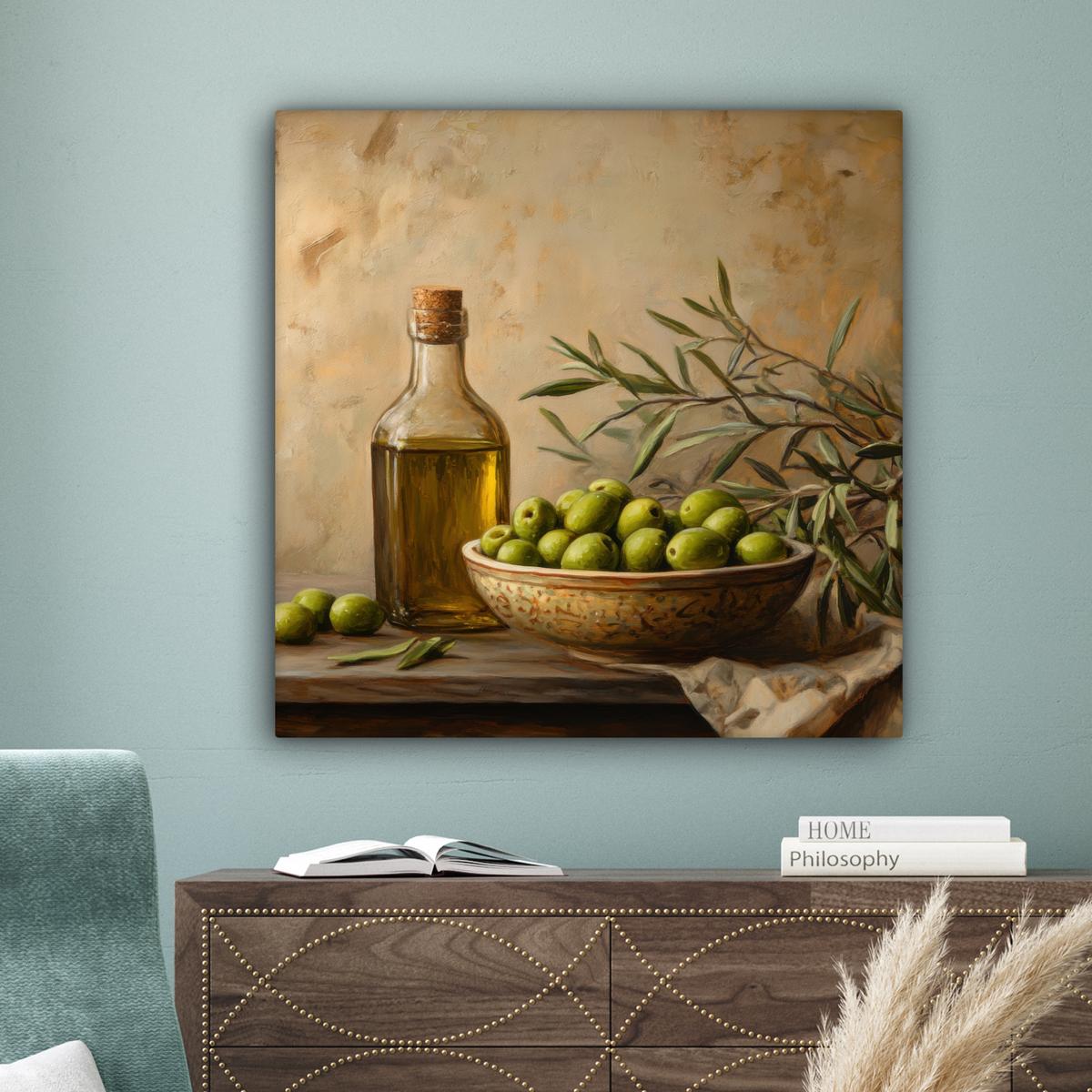 LEINWANDBILD Oliven - Stilleben - Vintage Deko Groß 90x90 cm - Olivgrün, Textil (90/90cm) - MuchoWow
