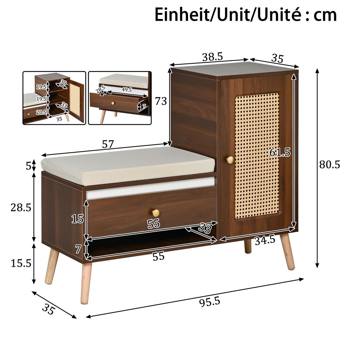 SCHUHSCHRANK in Holz-Optik – Schuhschrank mit Rattan-Tür & Sitzkissen - Walnussfarben, Holzwerkstoff (95.5/80.5/35cm) - Urban Meuble