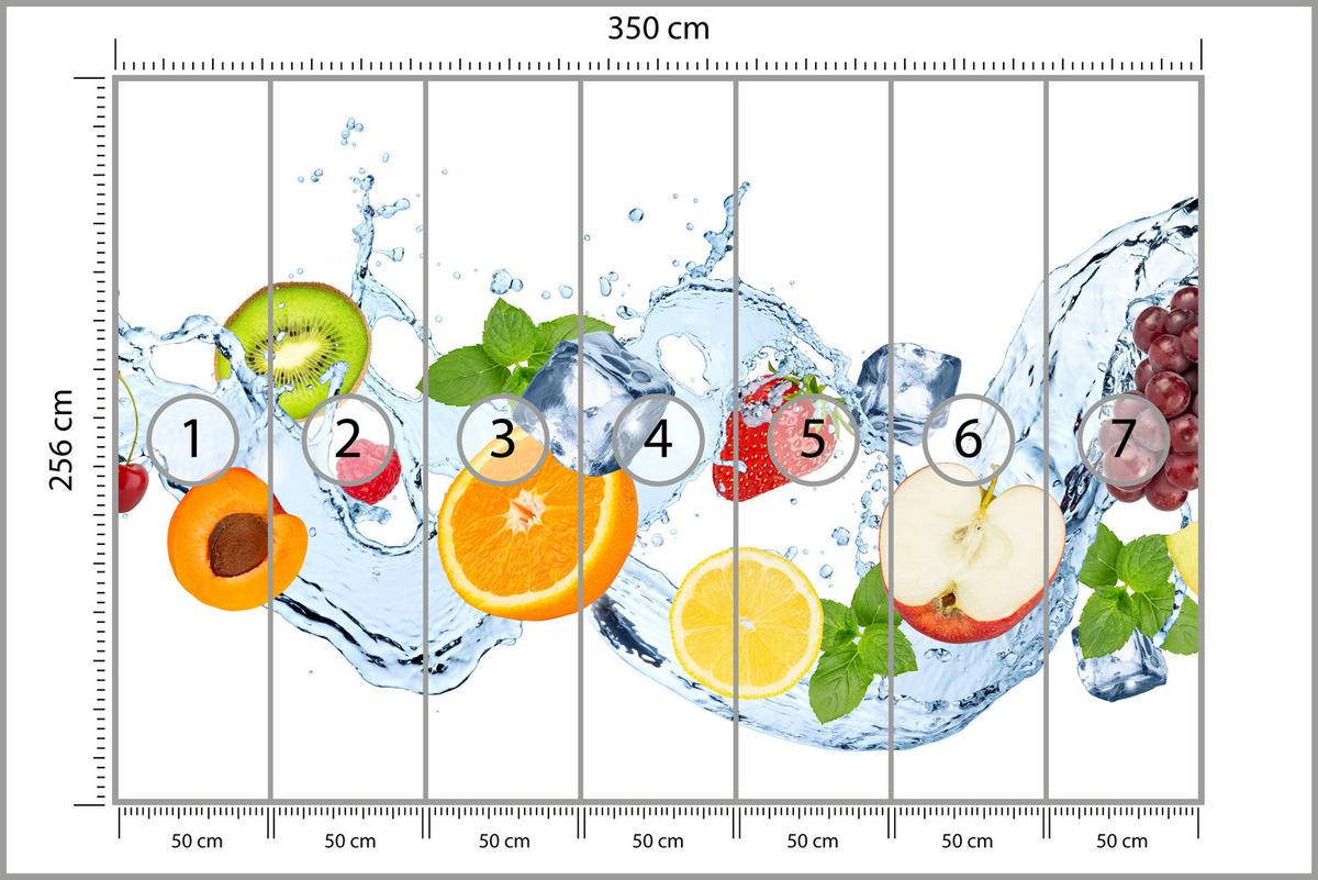 FOTOTAPETE für Küche Erfrischende Früchte Eis Wasser Orange Minze Zitrone Kiwi 350x256 - Gelb/Rot, Papier (350/256cm) - Muralo