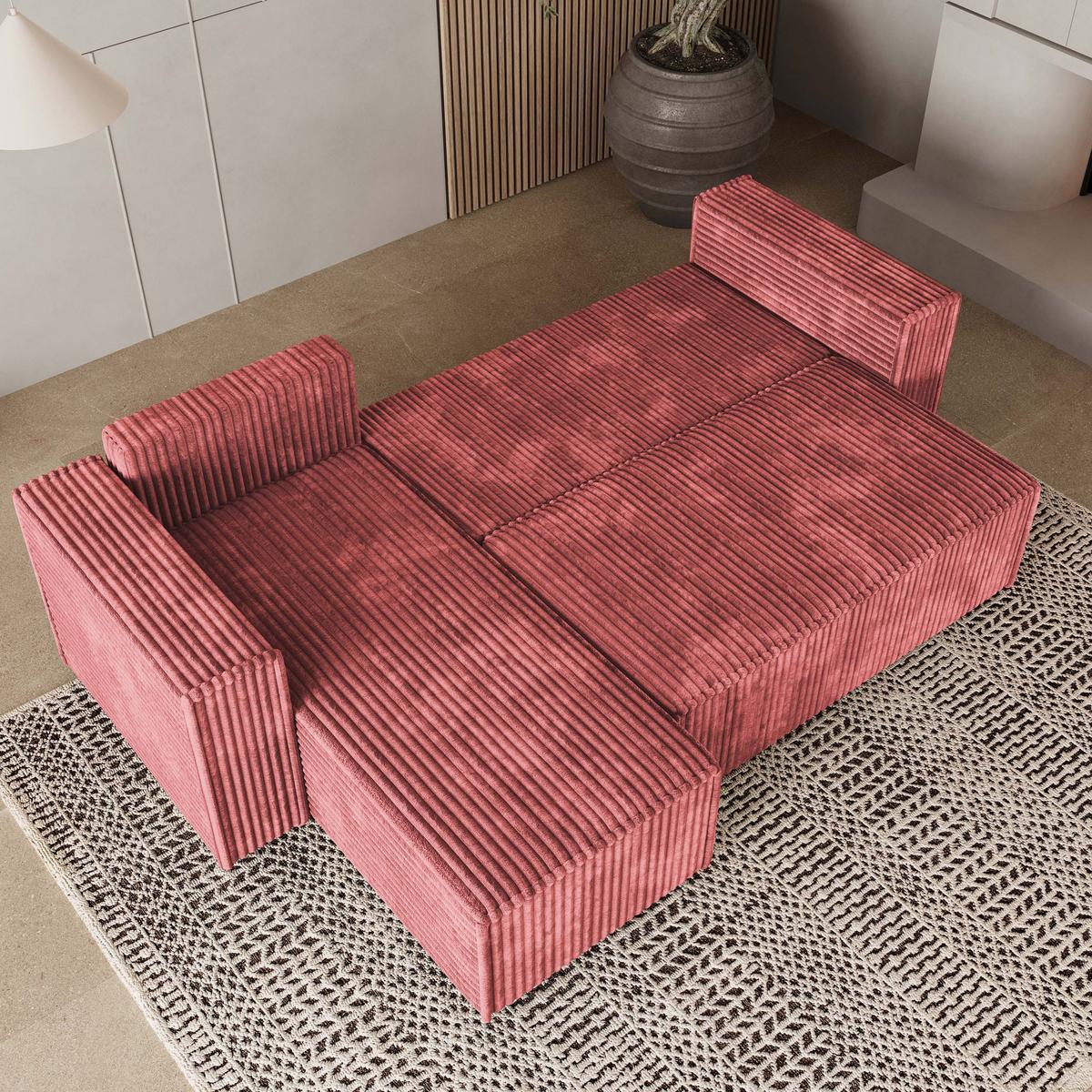 ECKSOFA RAVELO T Rosa Kordstoff mit Schlaffunktion - Rosa/Grau, Holz/Kunststoff (240/140cm) - MASSENO