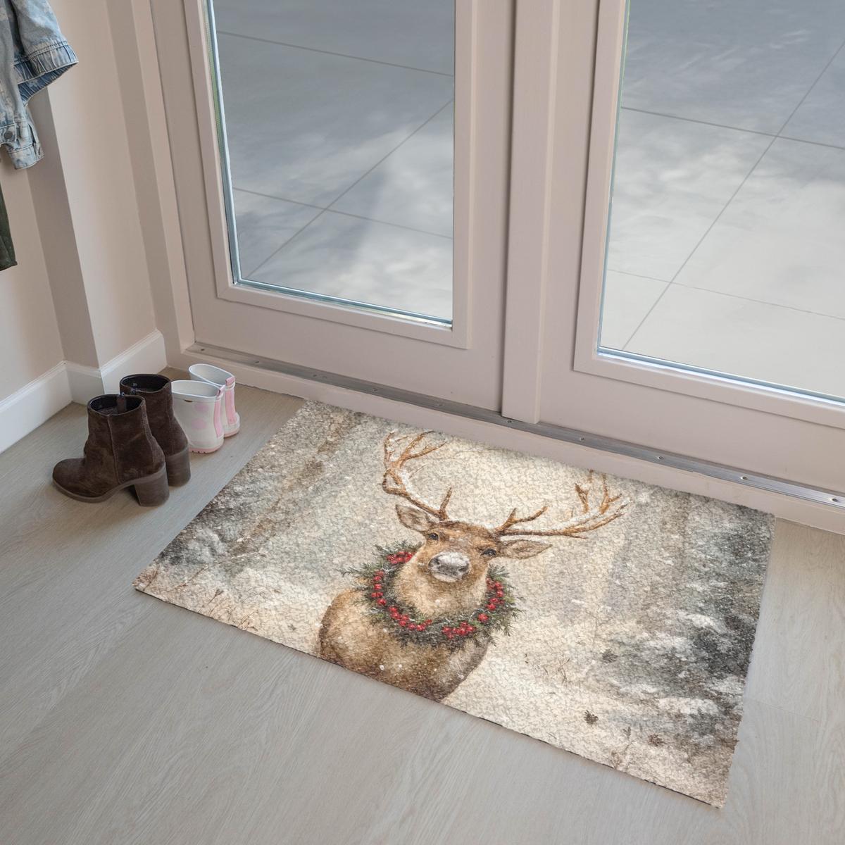 FUSSMATTE Weihnachten - Rentier - Winter - Kranz Flurteppich 90x60 cm - Braun, Kunststoff (90/0.4cm) - MuchoWow
