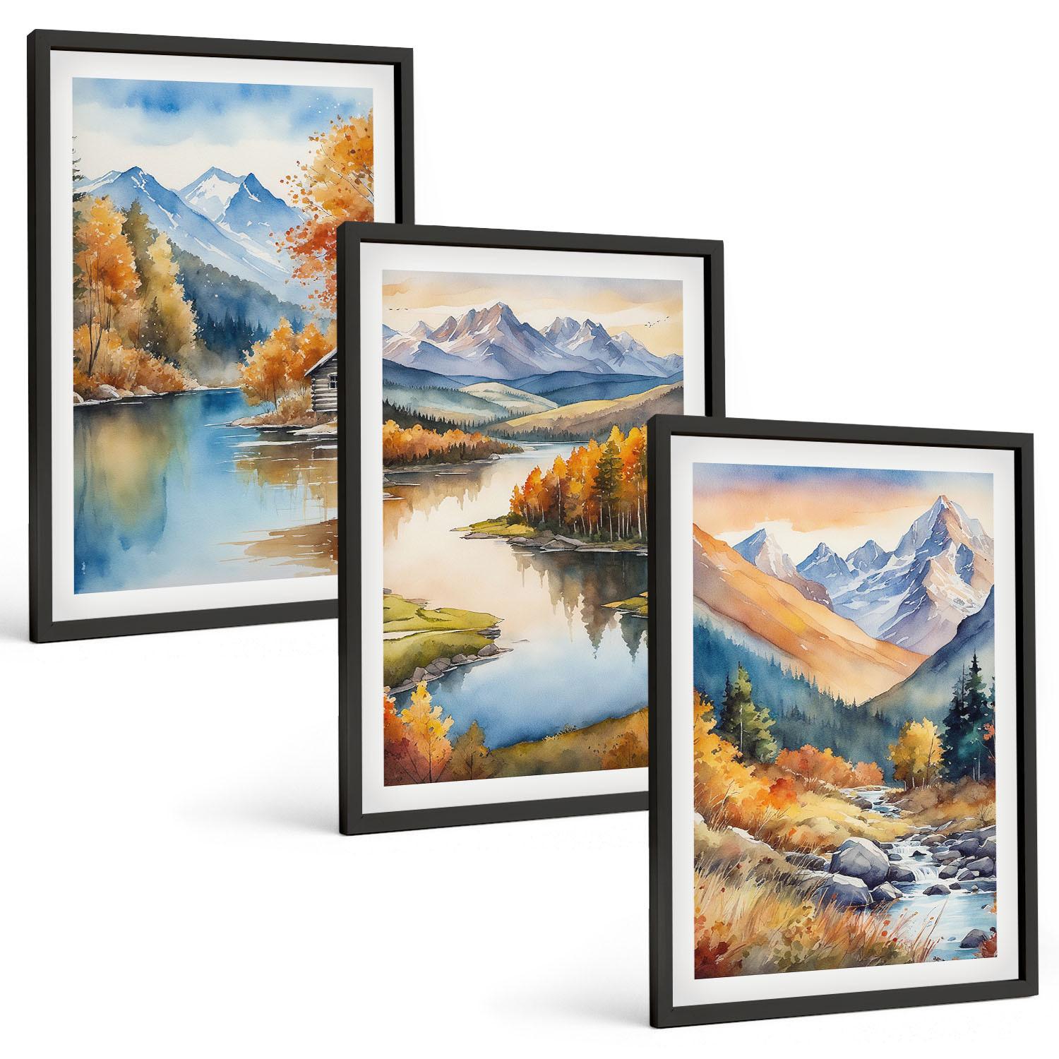 BILDER SET 3er Set - 40x60 cm Schwarzer Rahmen - Gebirgsflüsse, Herbstbäume - Schwarz, Kunststoff (40/60cm) - TULUP