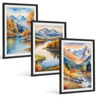 BILDER SET 3er Set - 40x60 cm Schwarzer Rahmen - Gebirgsflüsse, Herbstbäume - Schwarz, Kunststoff (40/60cm) - TULUP