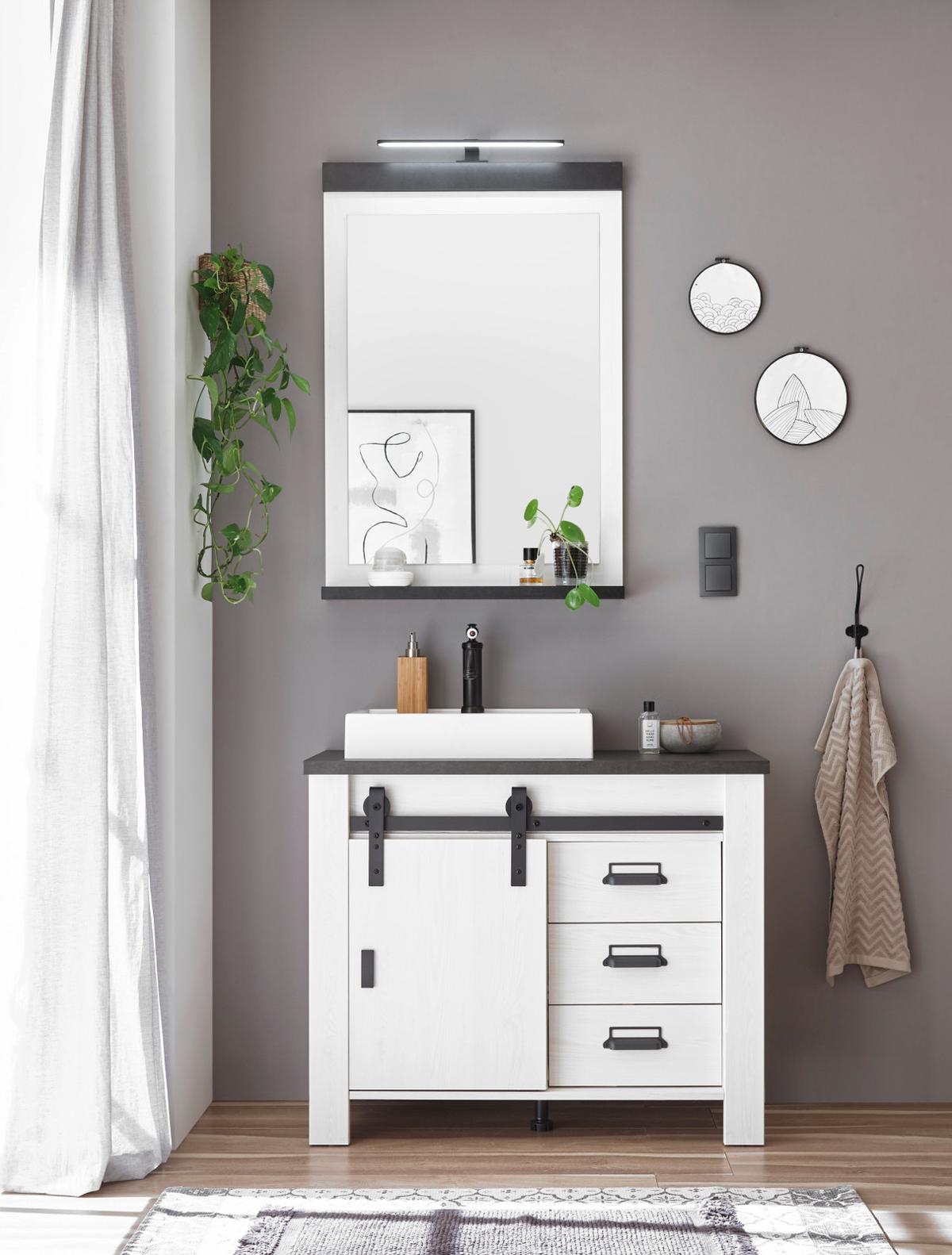 WASCHBECKENUNTERSCHRANK weiß Pinie, anthrazit Landhaus, Waschtisch inklusive Waschbecken - Anthrazit/Weiß, Holzwerkstoff/Metall (95/81/43cm) - Furn.Design
