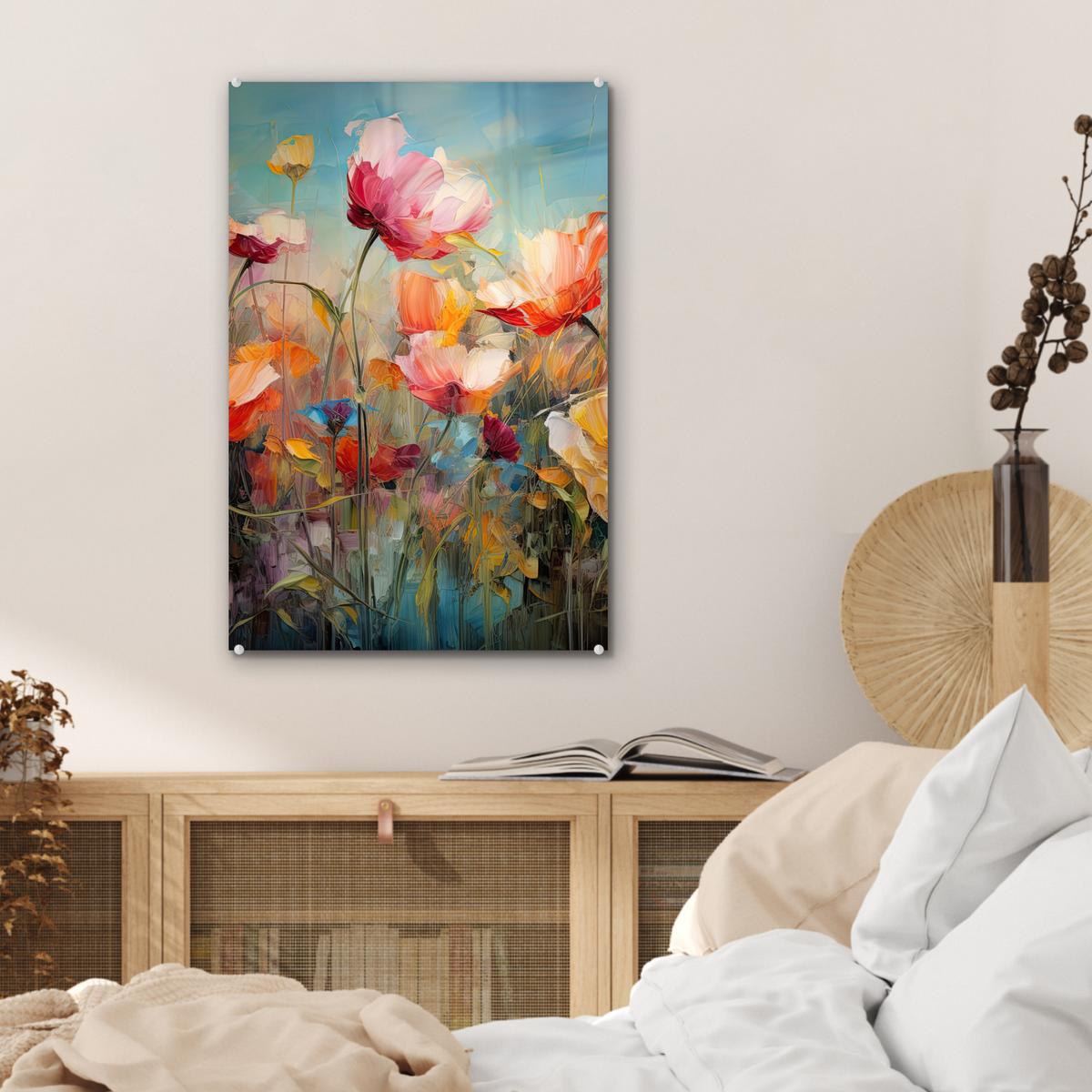 ACRYLGLASBILD Blumen - Aquarell - Kunst - Botanisch - Natur Wanddeko Wohnzimmer 40x60 cm - Orange, Glas (40/60cm) - MuchoWow