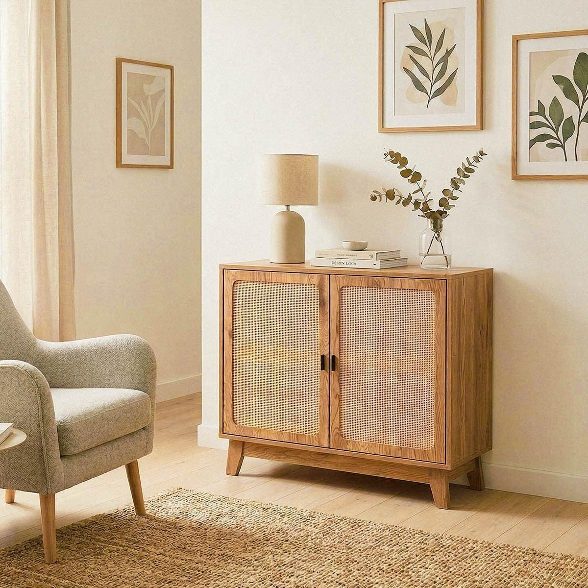 SIDEBOARD mit 2 Türen aus natürlichem Rattan 35/75/80 cm - Nussbaumfarben, Holzwerkstoff (35/75/44.5cm) - Calicosy