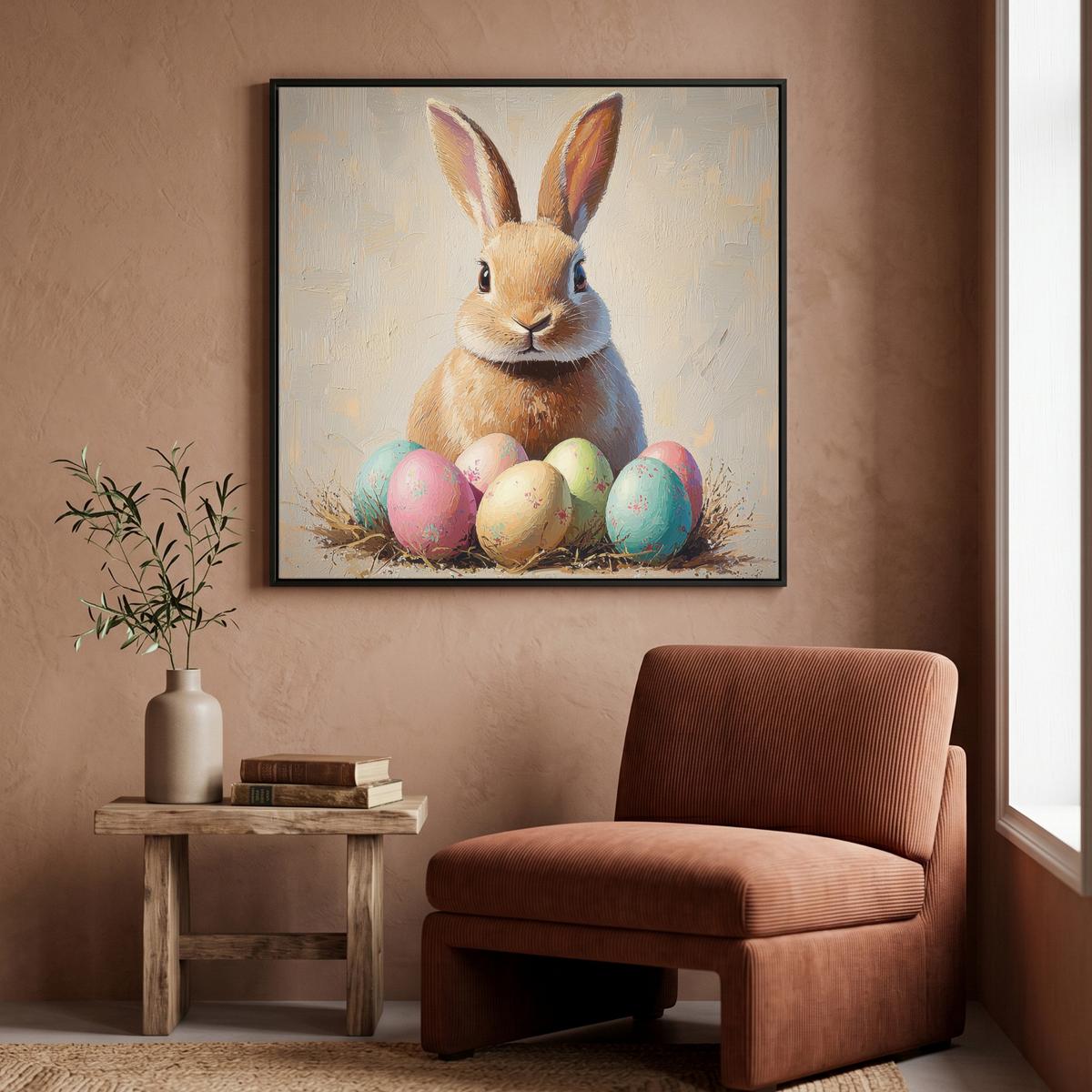 LEINWAND Bilder mit Rahmen - Osterhase - Pastell - Eier - 90x90 - Beige, Textil (90/90cm) - MuchoWow