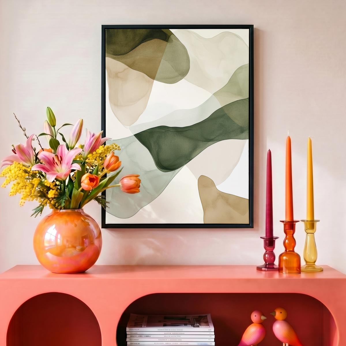 LEINWAND Bilder mit Rahmen - Japandi - Abstrakt - Grün - 30x40 - Salbeigrün, Textil (30/40cm) - MuchoWow