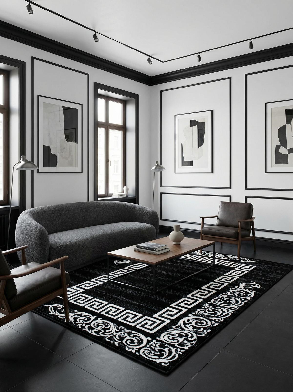 TEPPICH Kurzflor ASPEN in Schwarz, mit Mäander-Muster, 80 x 150 cm - Schwarz, Textil (150/80cm) - KADIMA DESIGN