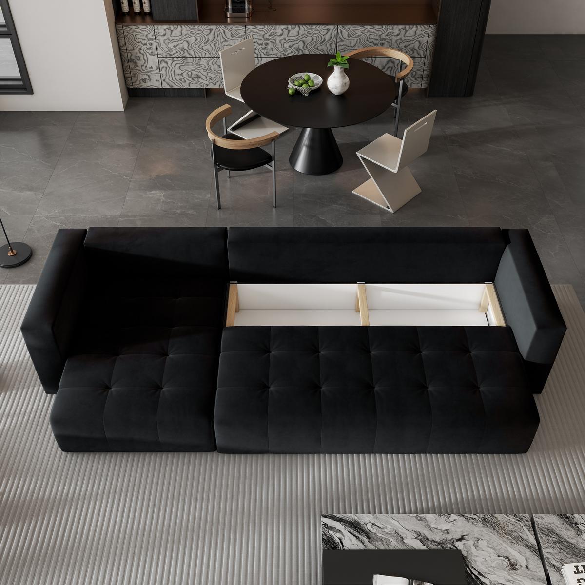 ECKSOFA OLVERA Schwarz Plüsch-Stoff mit Schlaffunktion - Schwarz, Holz (347/148cm) - MASSENO