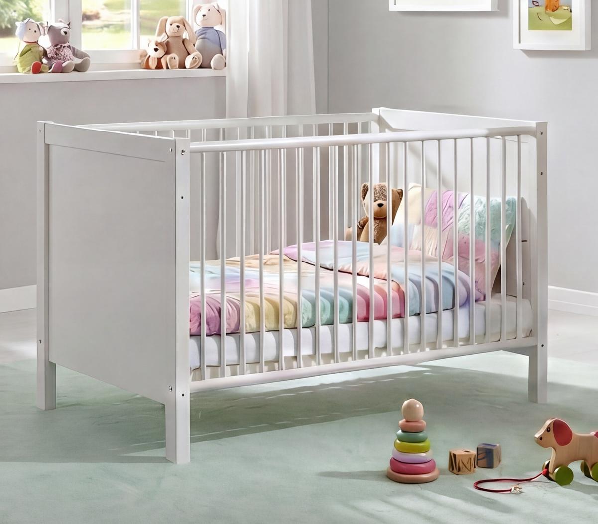 BABYZIMMER-SET 3-teilig: Babybett & Wickelkommode & Kleiderschrank 2-türig mit Schubladen B90/H200/T58 cm, Soft-Close, Landhausstil Weiß / 22802 - Silberfarben/Weiß, Holzwerkstoff/Metall (76/83/146cm) - luma-home