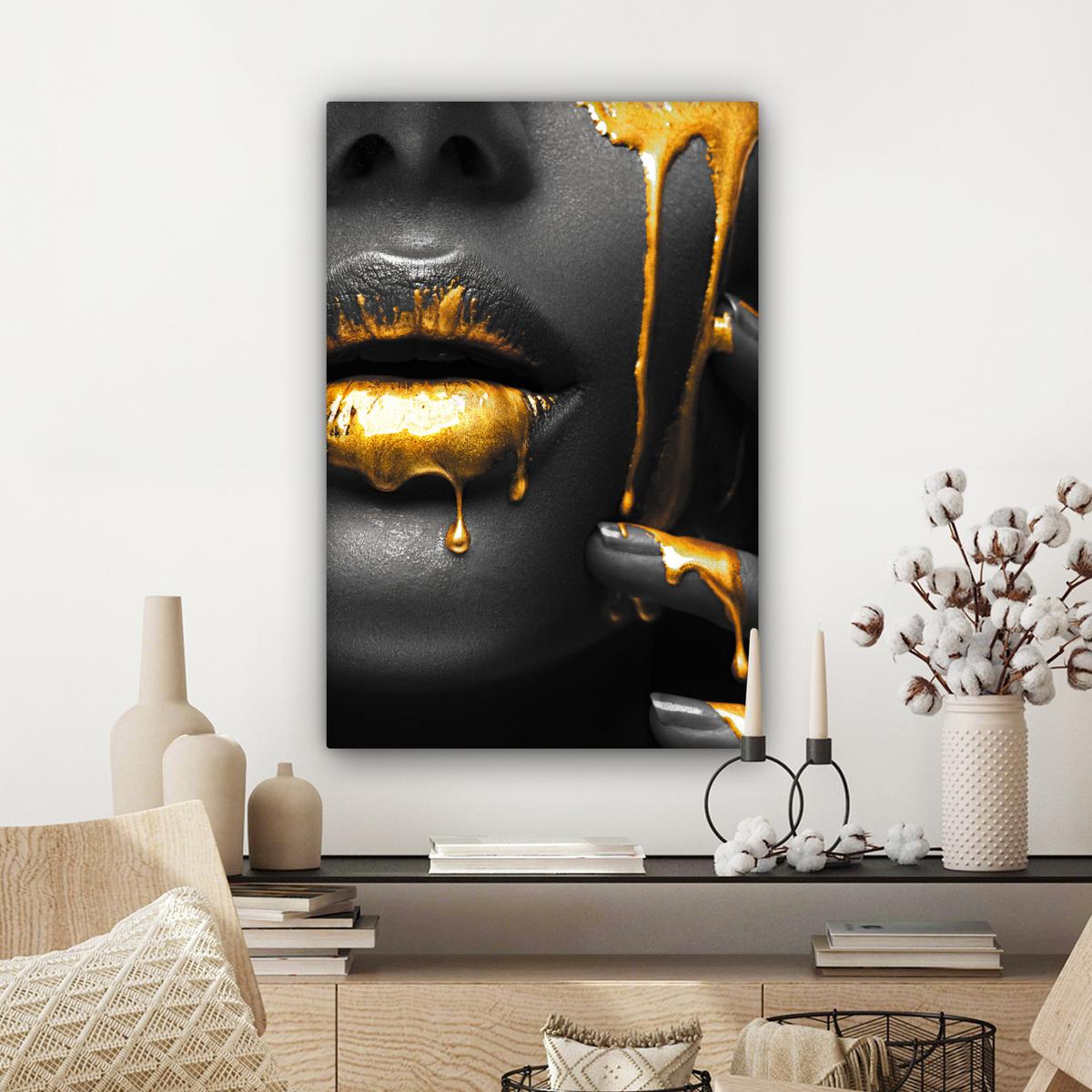 LEINWANDBILD Frau - Schwarz - Gold - Gesicht - Lippen Wanddeko Schlafzimmer 60x90 cm - Goldfarben, Textil (60/90cm) - MuchoWow