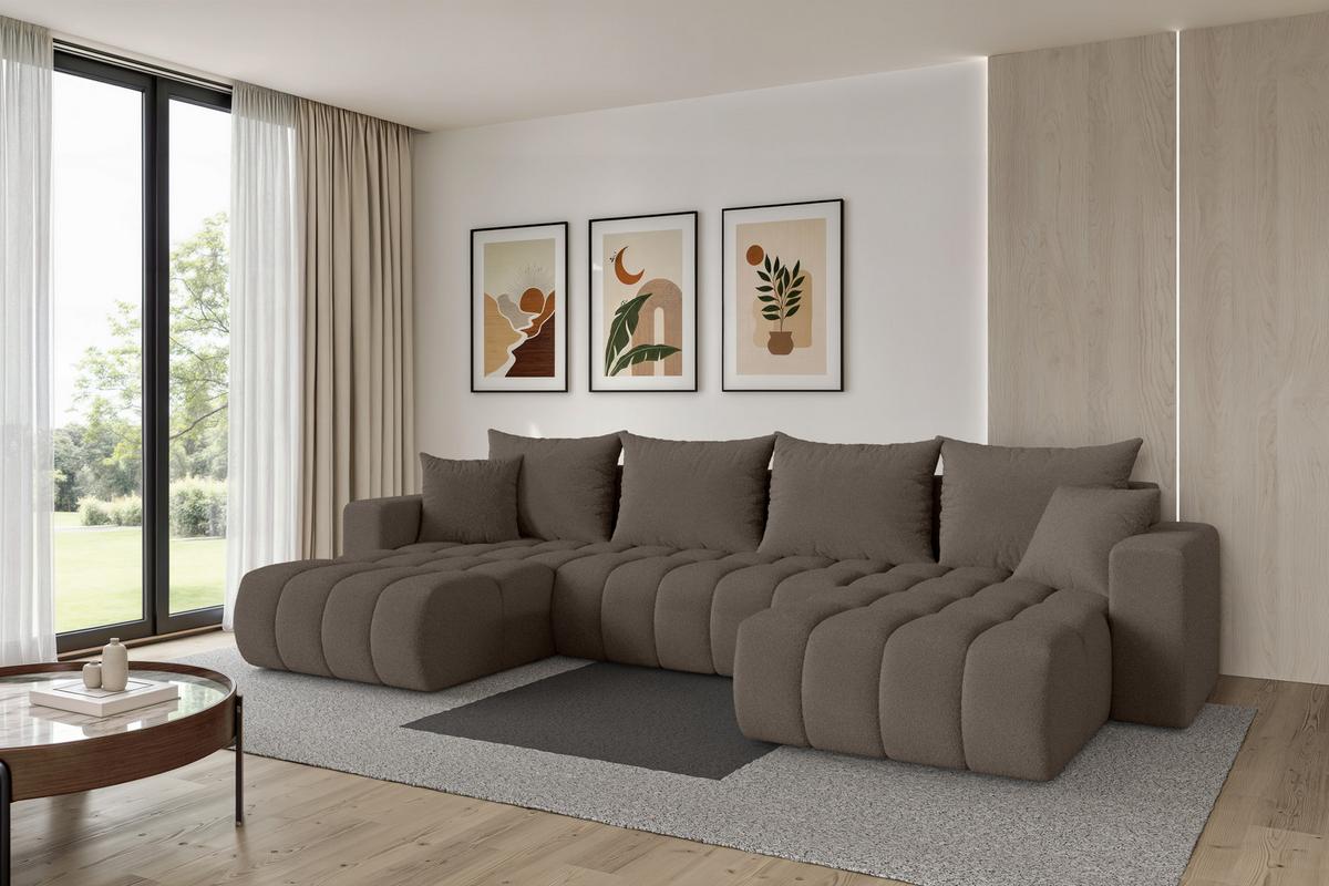 WOHNLANDSCHAFT mit Schlaffunktion und Bettkasten MILA-U-v1 378x194x86 Braun Bouclé - Schwarz/Braun, Holzwerkstoff/Kunststoff (378/86/194cm) - ALTDECOR