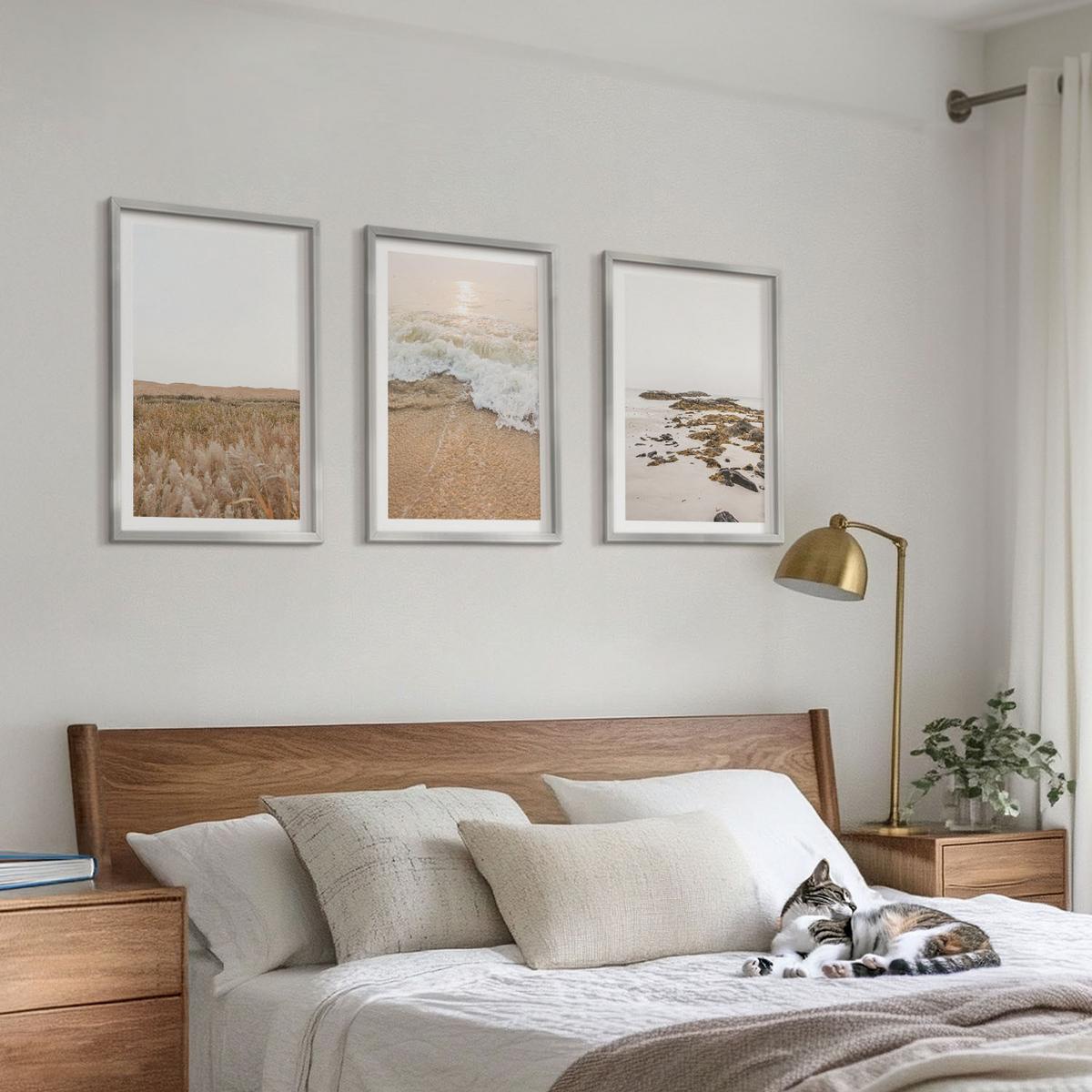 BILDER SET 3er Set - 40x60 cm Silberner Rahmen - Strandwellen, Steine, Sommer - Silberfarben, Kunststoff (40/60cm) - TULUP