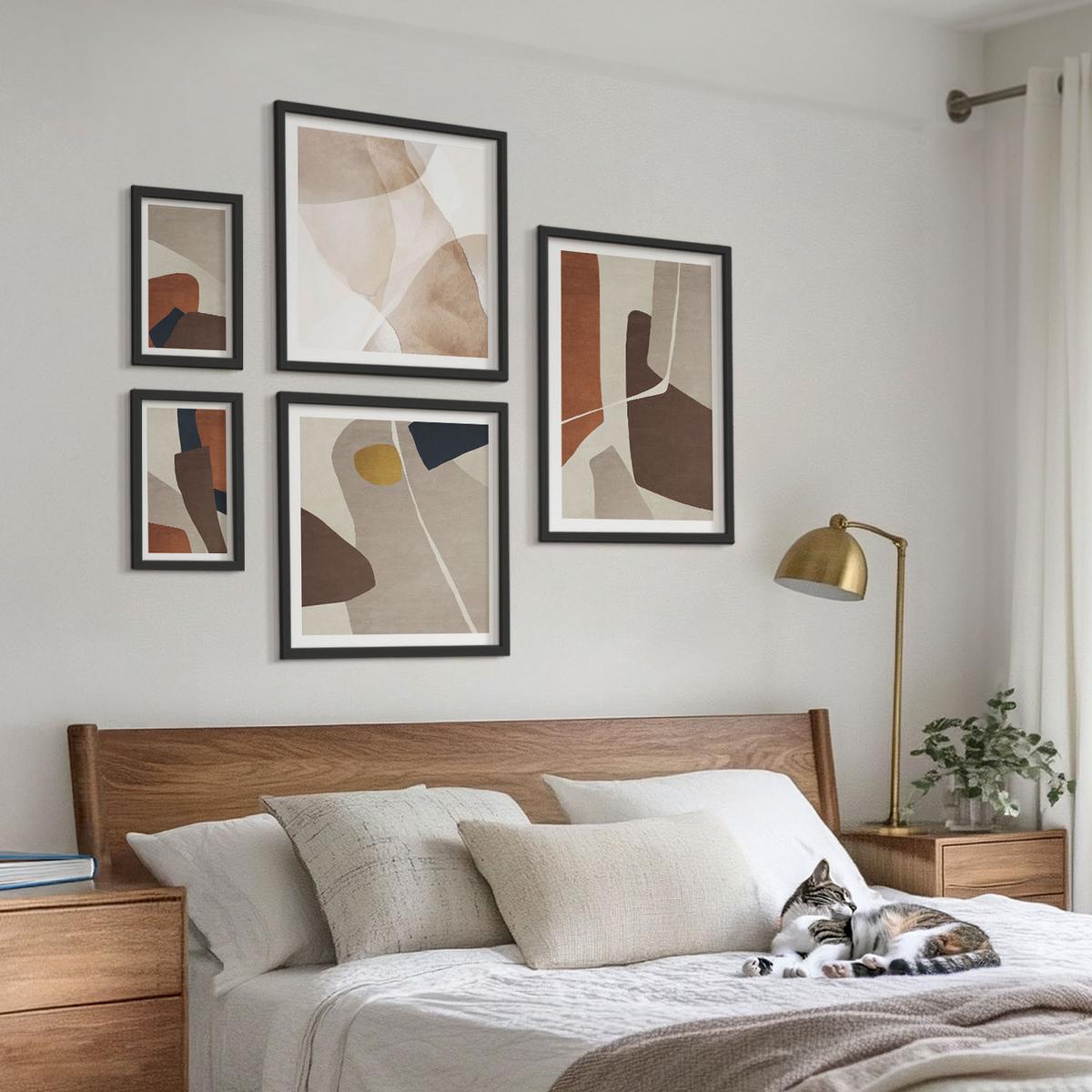 BILDER SET 5er Set - 50x50 cm & 20x30 cm & 40x60 cm Schwarzer Rahmen - Abstrakte moderne Formen - Schwarz, Kunststoff (40/60cm) - TULUP