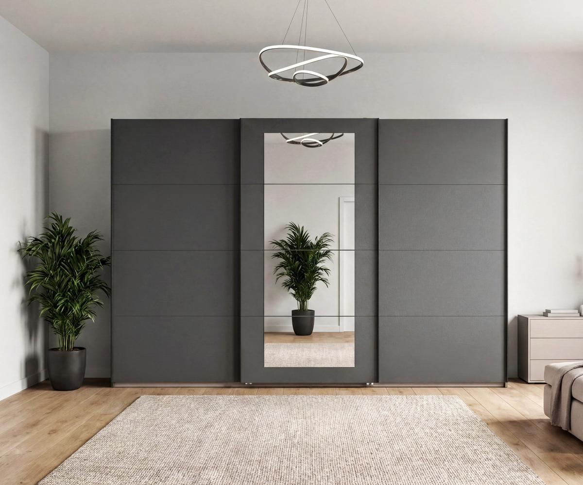 SCHWEBETÜRENSCHRANK 3-türig B313/H208/64 cm Kleiderschrank in Grafit, mittig Spiegel, Griffe Schwarz / 22633 - Graphitfarben/Schwarz, Holzwerkstoff/Metall (313/208/64cm) - luma-home