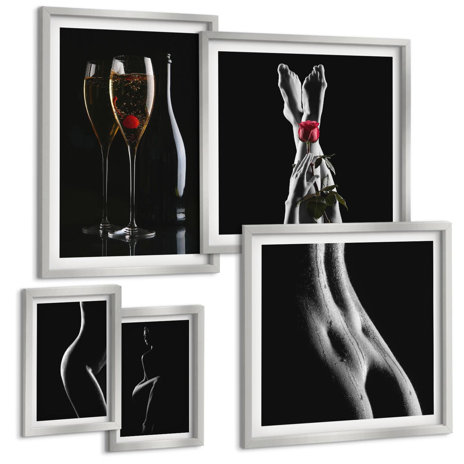 BILDER SET 5er Set - 50x50 cm & 20x30 cm & 40x60 cm Silberner Rahmen - Schwarze und weiße weibliche Formen - Silberfarben, Kunststoff (40/60cm) - TULUP