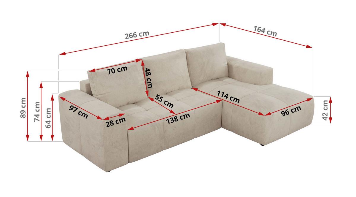 ECKSOFA MONIVA Beige Velvet - Rechts - Beige/Schwarz, Textil (266/164cm) - MKS