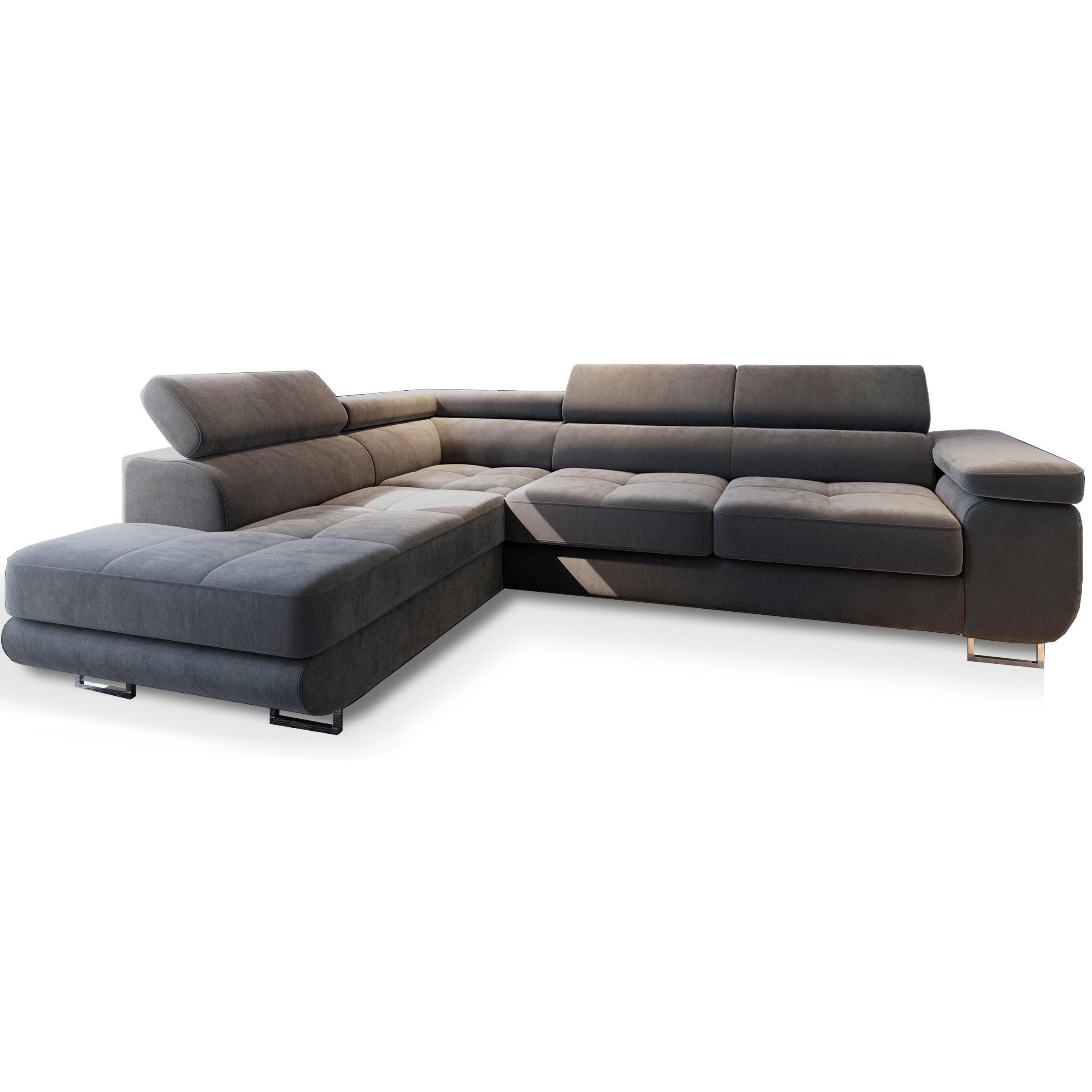 ECKSOFA SELVA L-S Grau Velours-Stoff mit Schlaffunktion - Silberfarben/Grau, Holz/Holzwerkstoff (275/202cm) - MASSENO