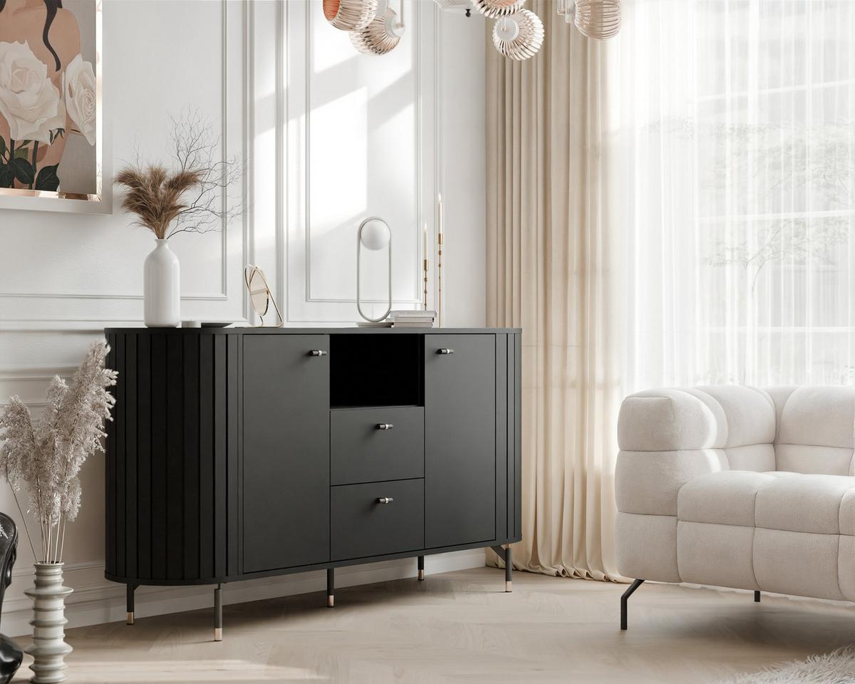 KOMMODE geriffelt, mit Fach, Schwarz - Schwarz, Holzwerkstoff (150/81/40cm) - Idohome