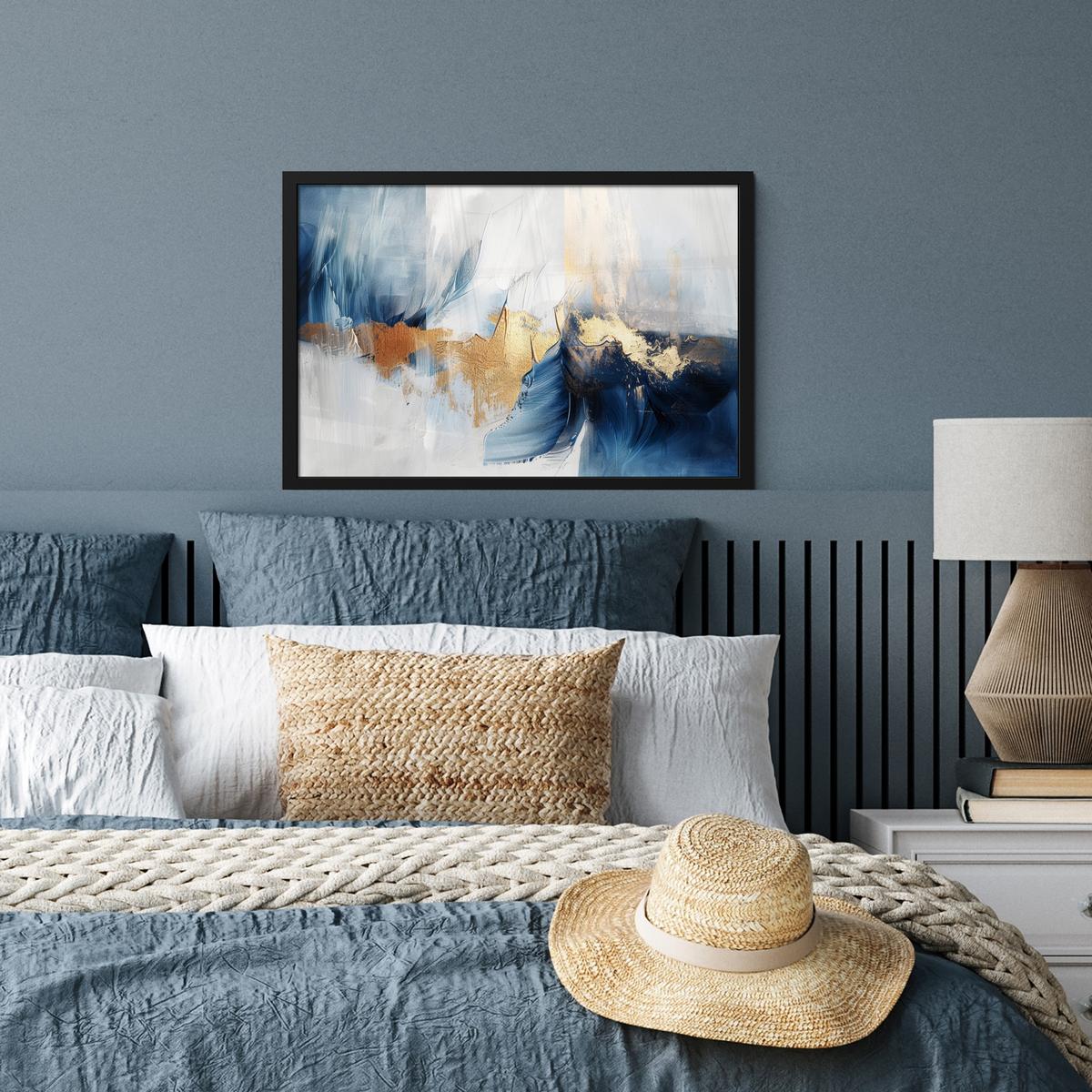 POSTER MIT RAHMENGERAHMTES BILD Gold - Blau - Aquarell - Kunst - Modern 60x40 cm - Hellblau, Papier (60/40cm) - MuchoWow