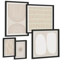 BILDER SET 5er Set - 50x50 cm & 20x30 cm & 40x60 cm Schwarzer Rahmen - Abstrakte Boho-Musterformen - Schwarz, Kunststoff (40/60cm) - TULUP