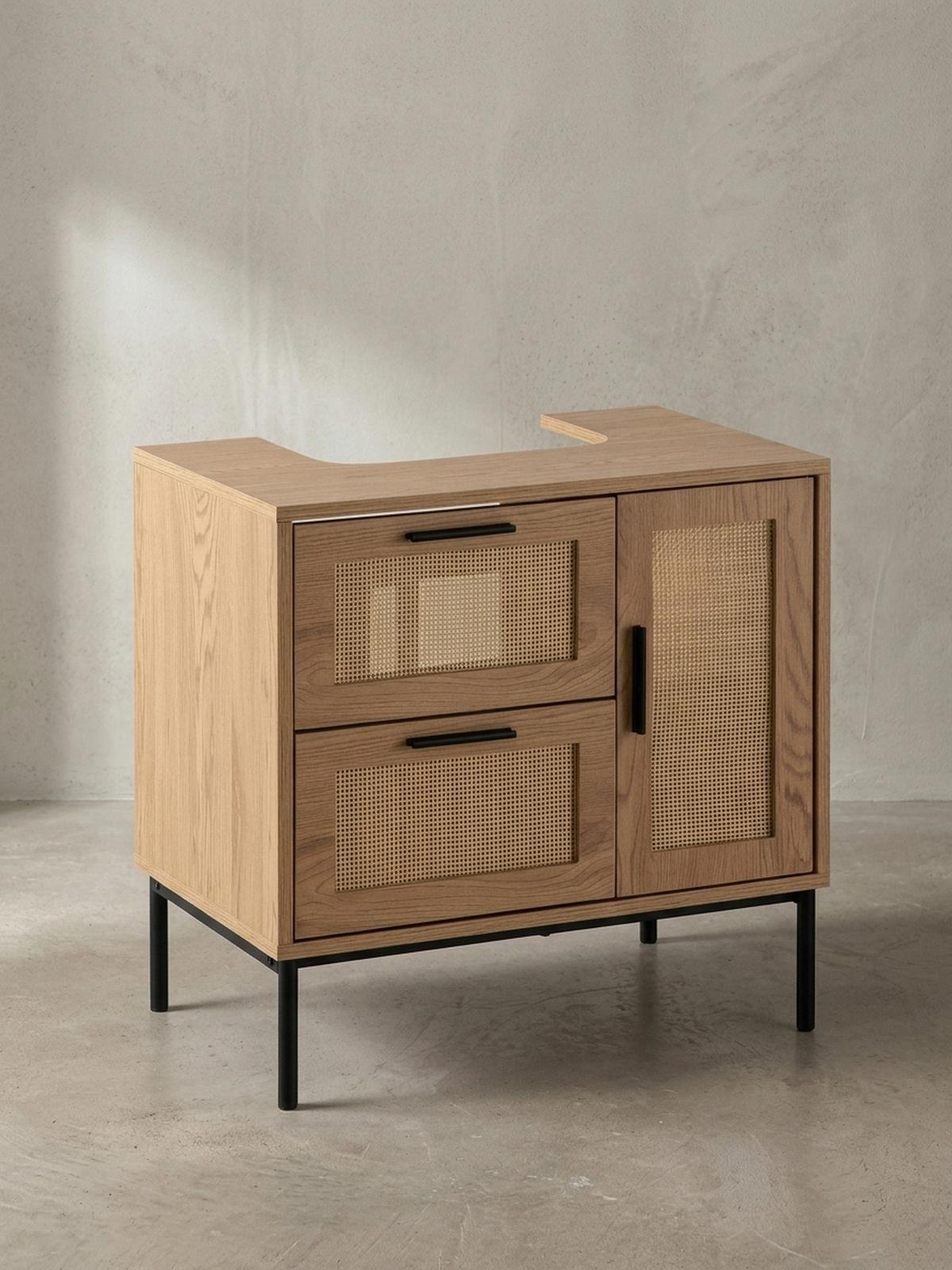 WASCHBECKENUNTERSCHRANK Eiche-Optik 60x60x40 cm mit Tür, Schubladen und Rattangeflecht - Schwarz/Braun, Holzwerkstoff/Metall (60/60/40cm) - KADIMA DESIGN
