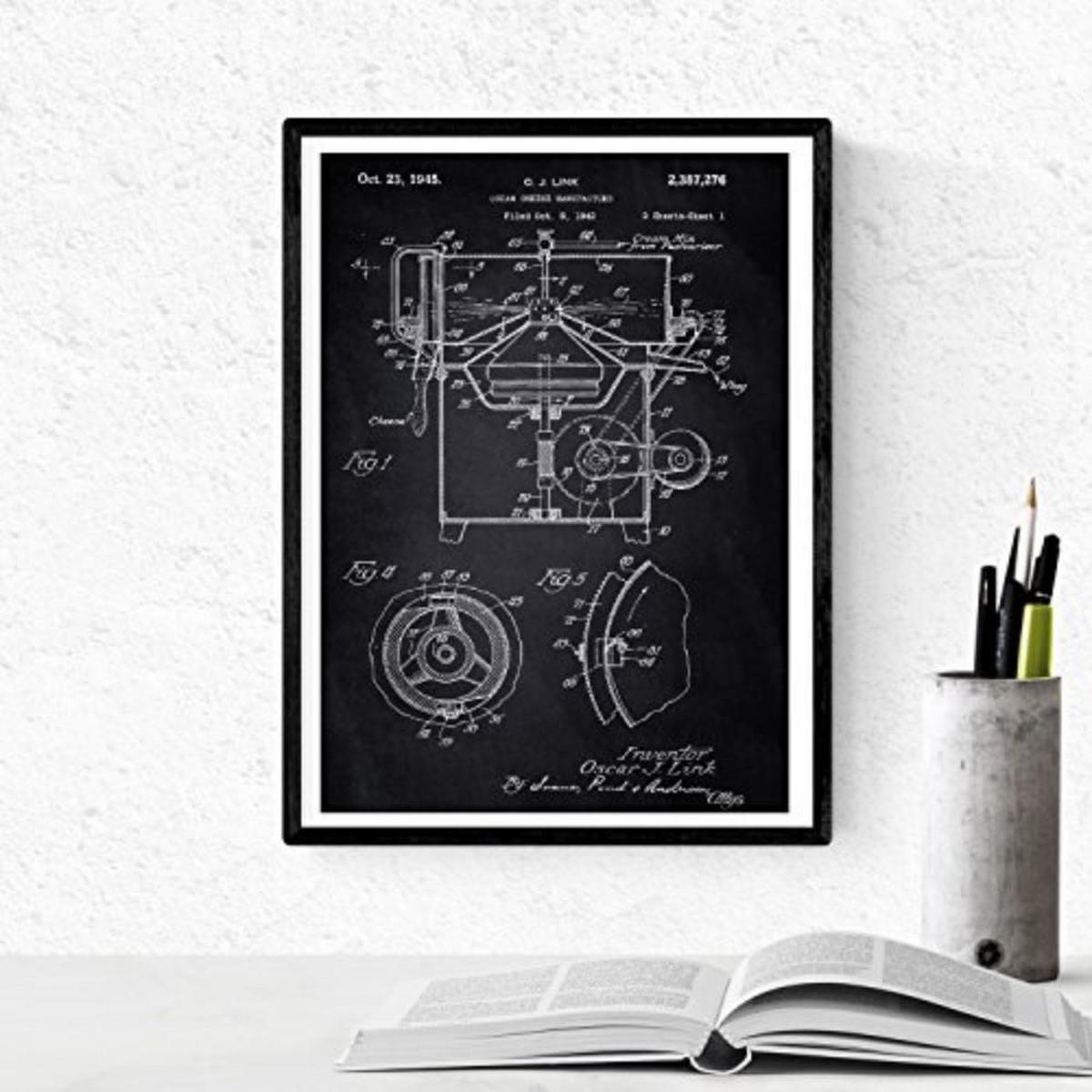 POSTER Set mit 4 Schwarz Küche Patent A4 Schwarzer Rahmen - Schwarz, Papier (29.7/3cm) - Nacnic