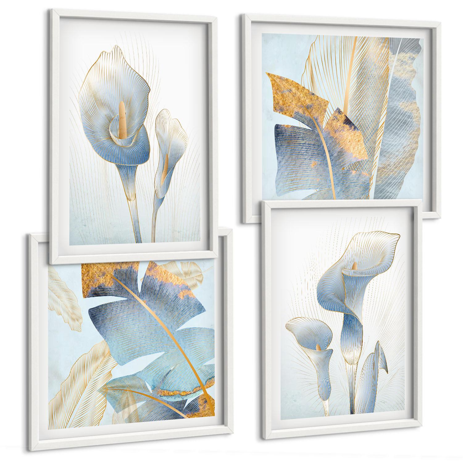 BILDER SET 4er Set - 50x50 cm & 40x60 cm Weißer Rahmen - Blaue Blumen im Hintergrund - Weiß, Kunststoff (50/50cm) - TULUP