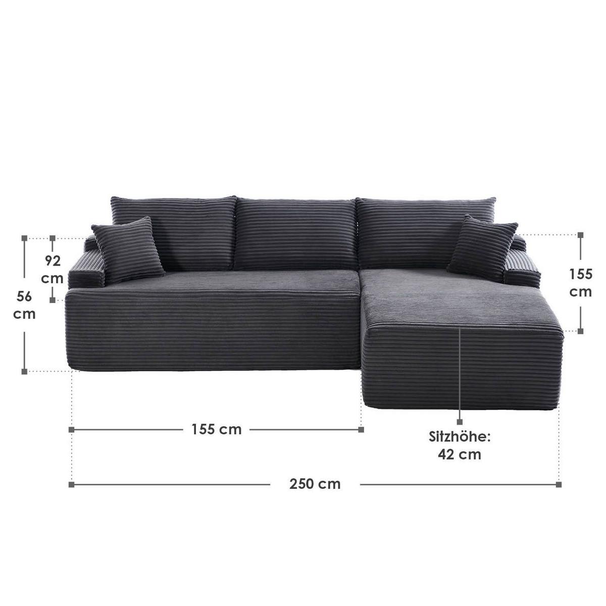 SOFA Coredo dunkelgrau Cord - Dunkelgrau, Textil (250/155cm) - Juskys