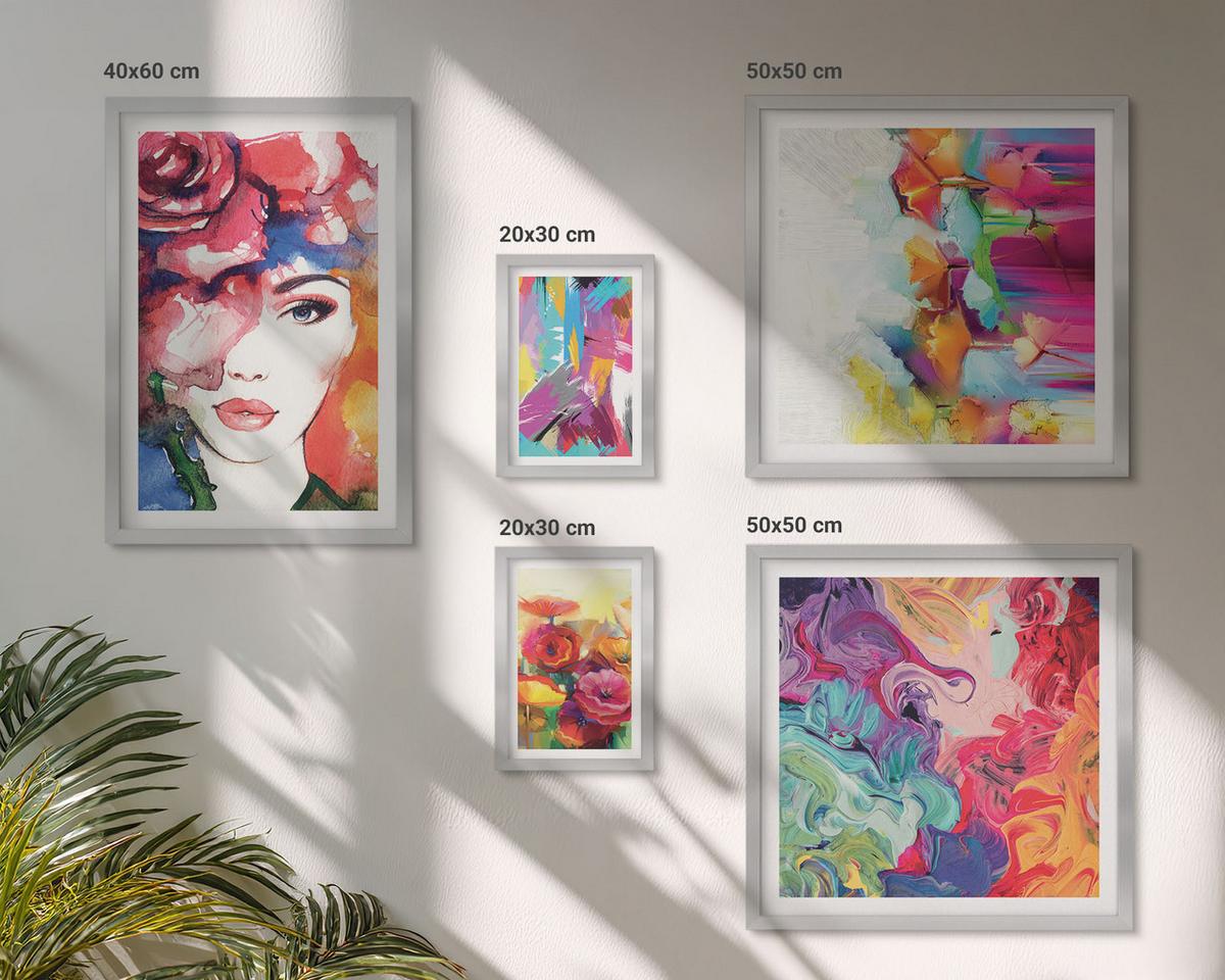 BILDER SET 5er Set - 50x50 cm & 20x30 cm & 40x60 cm Silberner Rahmen - Farbenfrohe Abstraktionen der Form - Silberfarben, Kunststoff (40/60cm) - TULUP