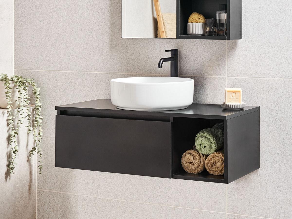 WASCHBECKENUNTERSCHRANK wandmontiertk 80 cm Schwarz Rupanco - Schwarz, Holzwerkstoff (80/27/40cm) - Beliani
