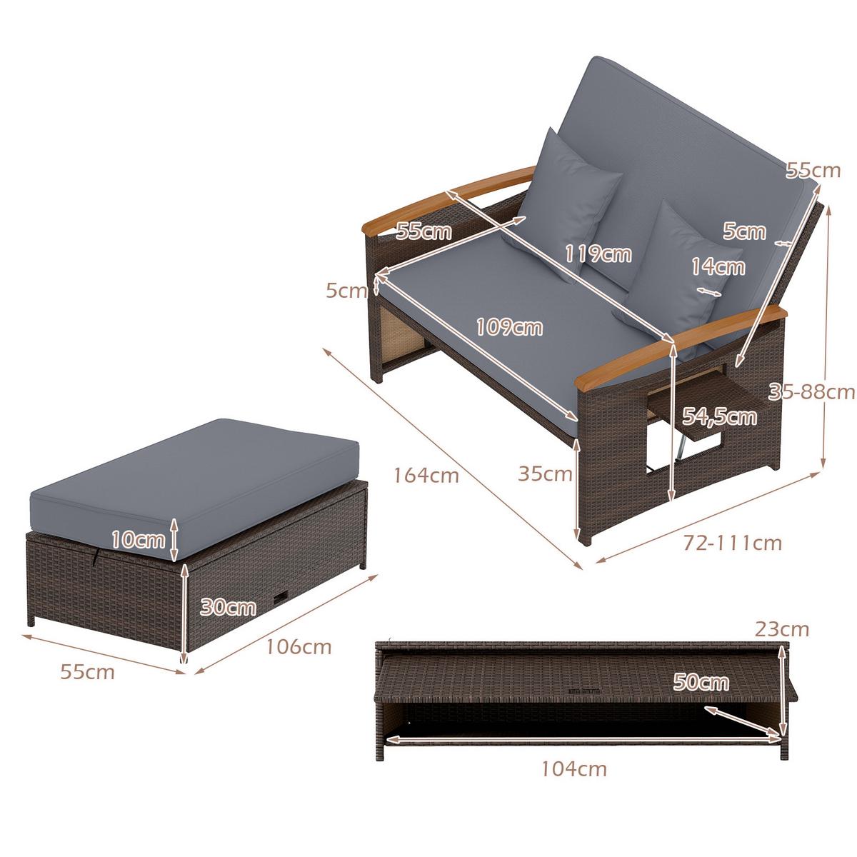 SONNENLIEGE geflochtene Doppel liege grau - Grau, Metall (164/88/72cm) - COSTWAY