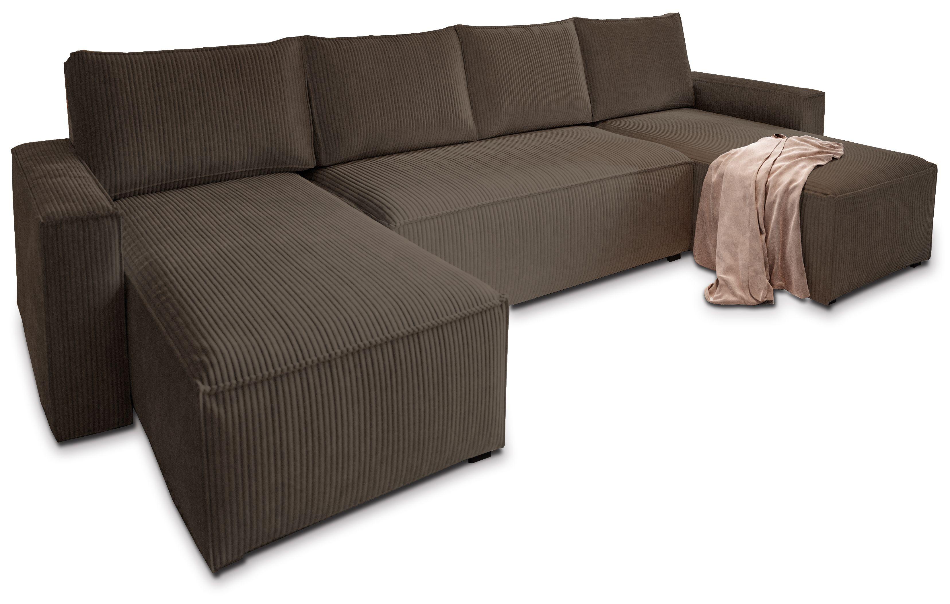 WOHNLANDSCHAFT ASPRA Braun Kordstoff mit Schlaffunktion - Braun/Grau, Holz/Kunststoff (295/85/140cm) - MASSENO