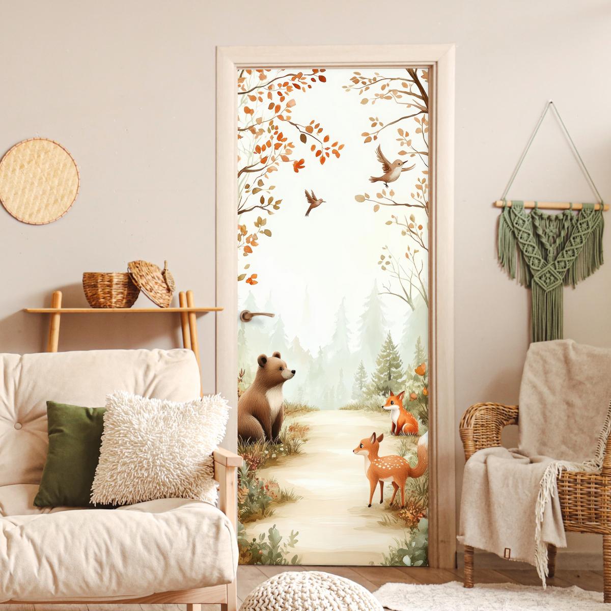 TÜRAUFKLEBER Wald - Herbst - Waldtiere - Bär - Fuchs 80x215 cm - Türtapete - Kastanienfarben, Kunststoff (80/0.1cm) - MuchoWow