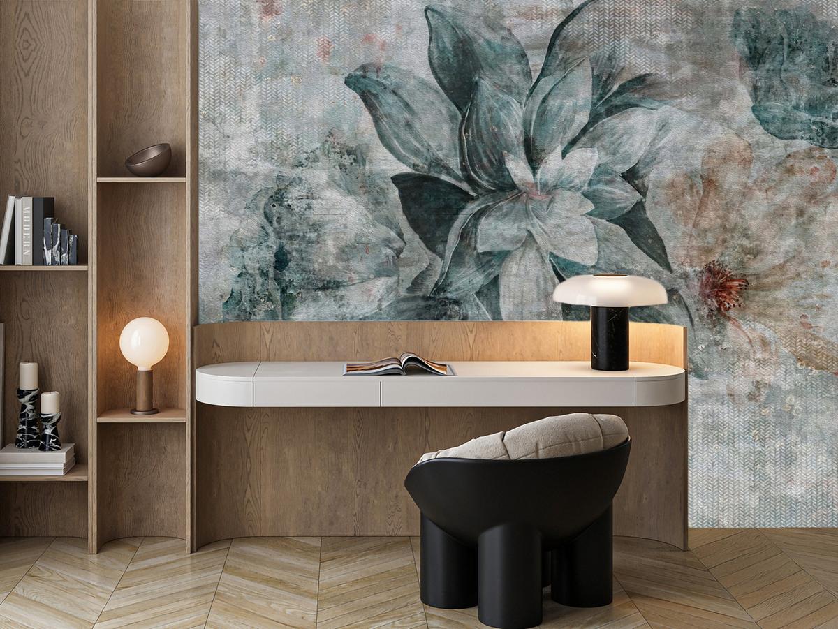 FOTOTAPETE für Schlafzimmer Aquarellblumen Beton Natur Pflanzen 300x210 - Grau, Papier (300/210cm) - Muralo