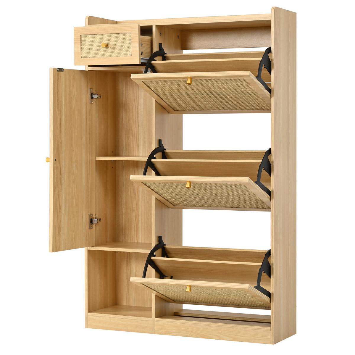 SCHUHSCHRANK Modern 3 Klappfächer 1 Tür Schublade Höhenverstellbar - Naturfarben, Holzwerkstoff (80.5/125/25cm) - Urban Meuble