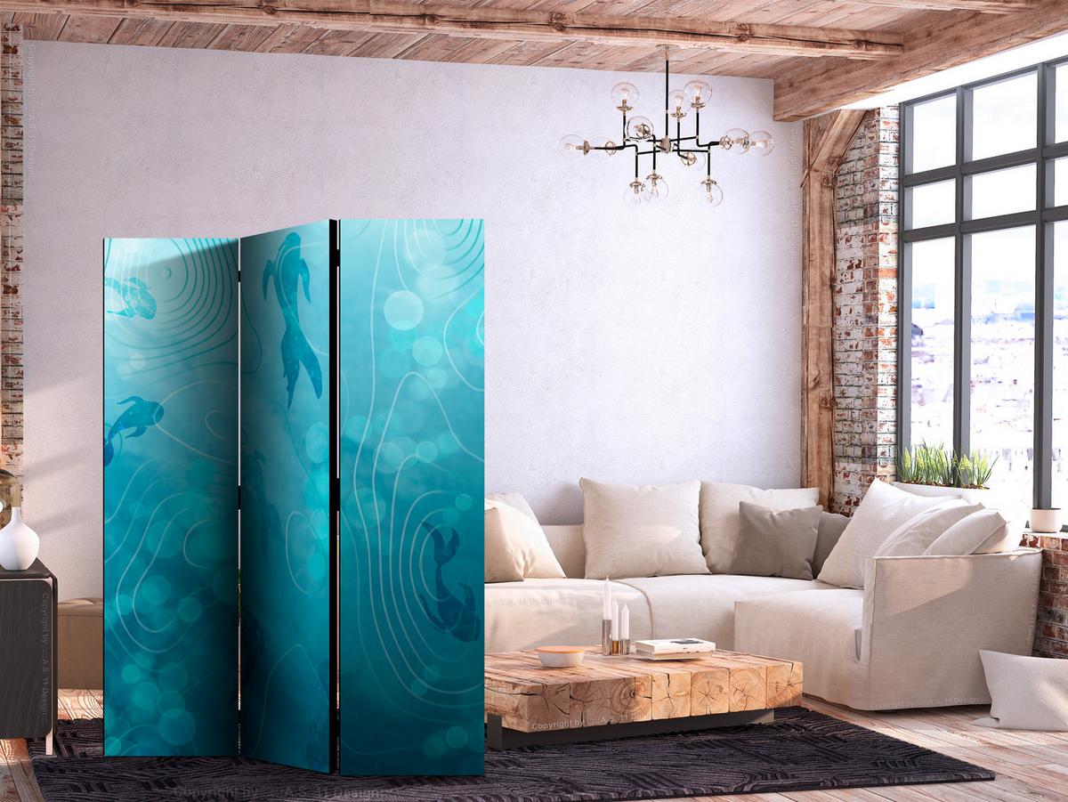 PARAVENT Beidseitig Bedruckter 3-tlg 135x172 cm Fische und Wellen - Blau, Holz/Textil (135/172/3cm) - Muralo