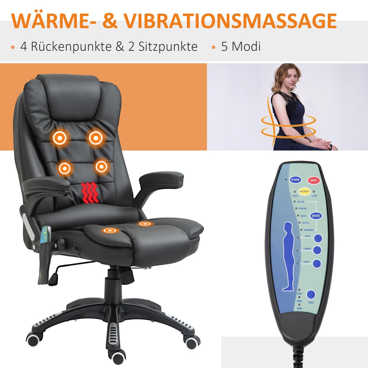 MASSAGESESSEL Bürostuhl Drehstuhl mit Wärmefunktion Chefsessel Bürosessel - Schwarz, Kunststoff (70/121/70cm) - HOMCOM